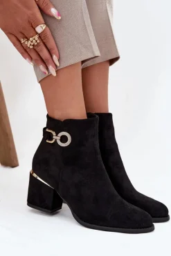 Discount Boto Ocieplane Botki Damskie Ze Złotymi Detalami Na Słupku Czarne Dorisse Czarny