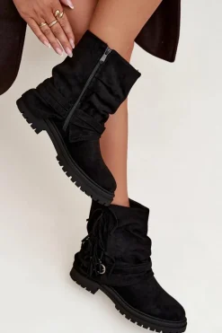 Botki Ocieplane|Czarne Botki>Boto Ocieplane Botki Damskie Z Frędzlami I Klarami Na Płaskim Obcasie Czarne Helianne Czarny