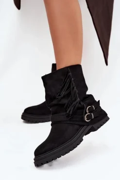 Botki Ocieplane|Czarne Botki>Boto Ocieplane Botki Damskie Z Frędzlami I Klarami Na Płaskim Obcasie Czarne Helianne Czarny