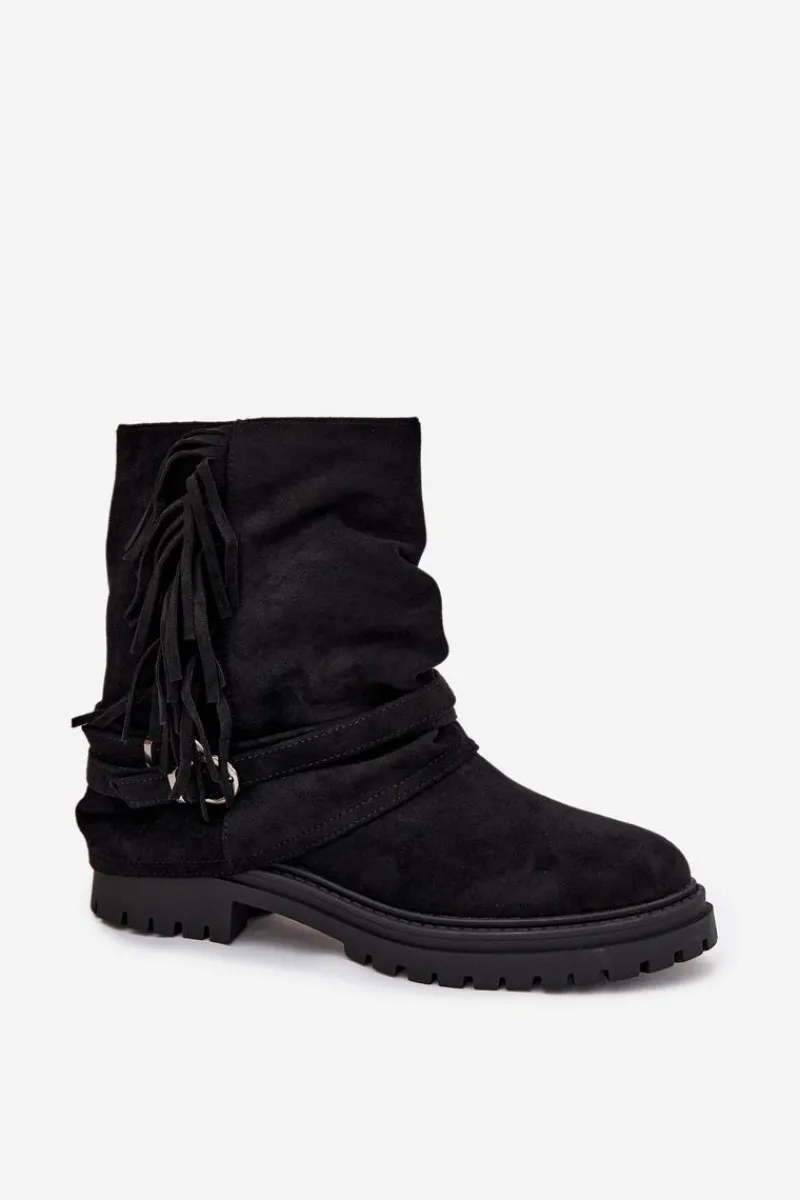 Botki Ocieplane|Czarne Botki>Boto Ocieplane Botki Damskie Z Frędzlami I Klarami Na Płaskim Obcasie Czarne Helianne Czarny