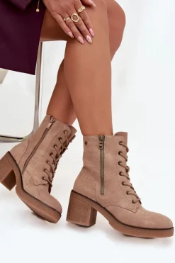 Botki Ocieplane|Botki Sznurowane>Boto Ocieplane Botki Damskie Ze Sznurowaniem I Suwakami Beżowe Paressa Beżowy