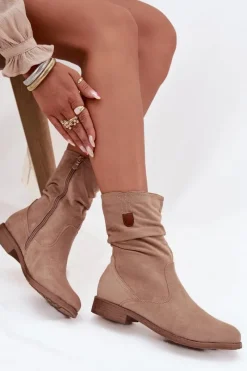 Outlet Boto Ocieplane Botki Damskie Z Marszczoną Cholewką Na Płaskim Obcasie Beżowe Krisia