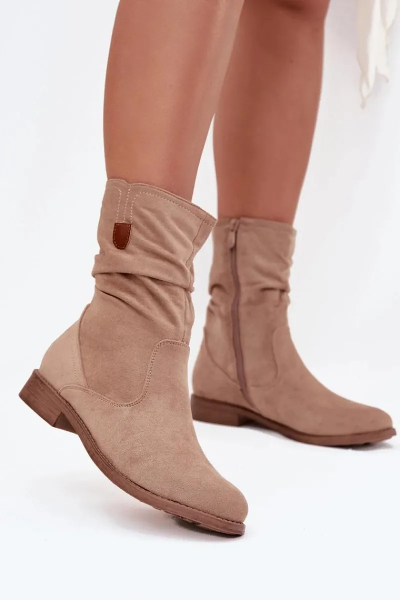 Outlet Boto Ocieplane Botki Damskie Z Marszczoną Cholewką Na Płaskim Obcasie Beżowe Krisia