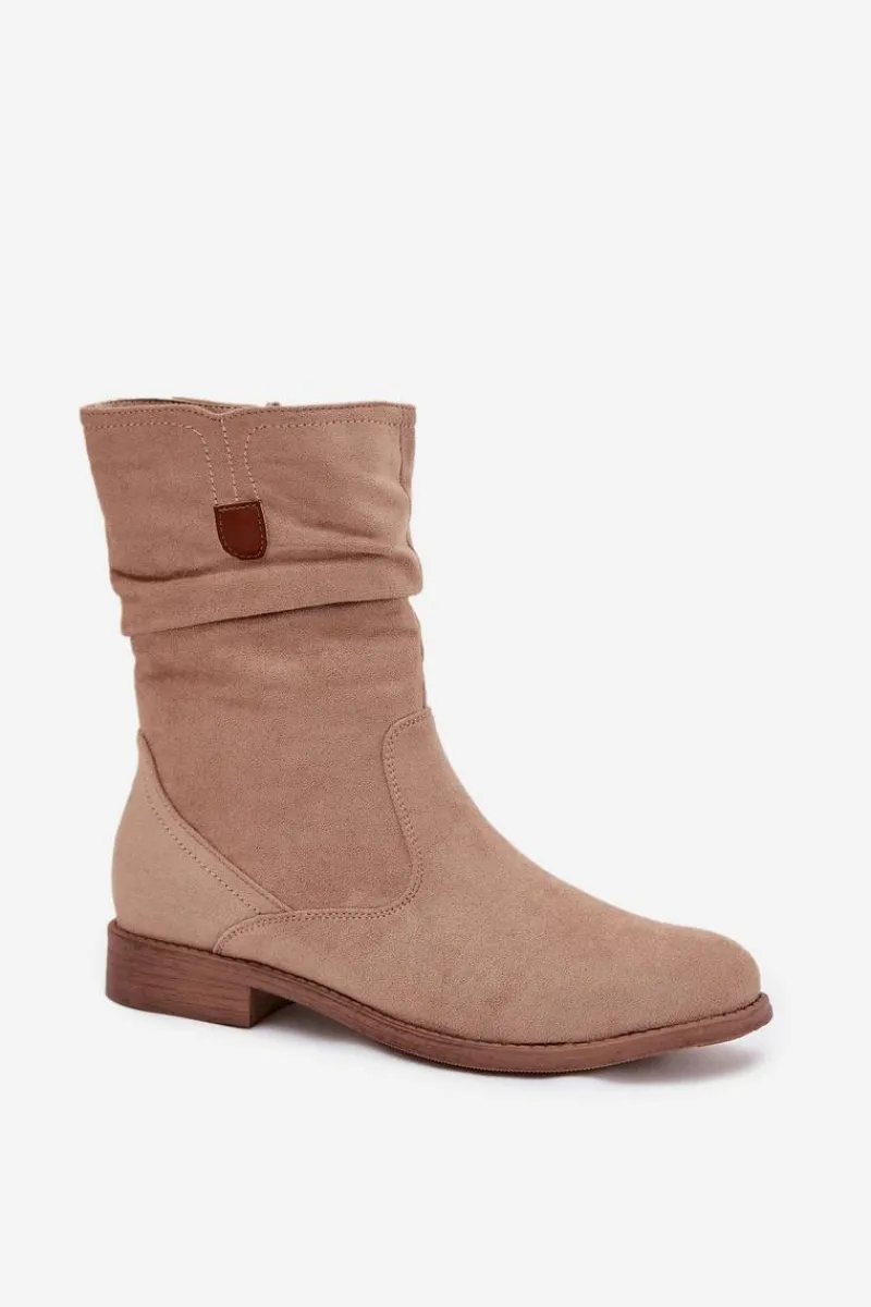 Outlet Boto Ocieplane Botki Damskie Z Marszczoną Cholewką Na Płaskim Obcasie Beżowe Krisia