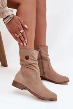 Outlet Boto Ocieplane Botki Damskie Z Marszczoną Cholewką Na Płaskim Obcasie Beżowe Krisia