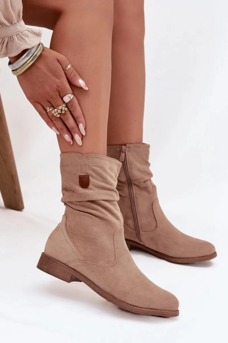 Outlet Boto Ocieplane Botki Damskie Z Marszczoną Cholewką Na Płaskim Obcasie Beżowe Krisia