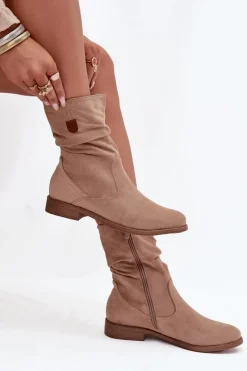 Outlet Boto Ocieplane Botki Damskie Z Marszczoną Cholewką Na Płaskim Obcasie Beżowe Krisia