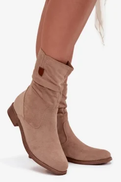 Outlet Boto Ocieplane Botki Damskie Z Marszczoną Cholewką Na Płaskim Obcasie Beżowe Krisia