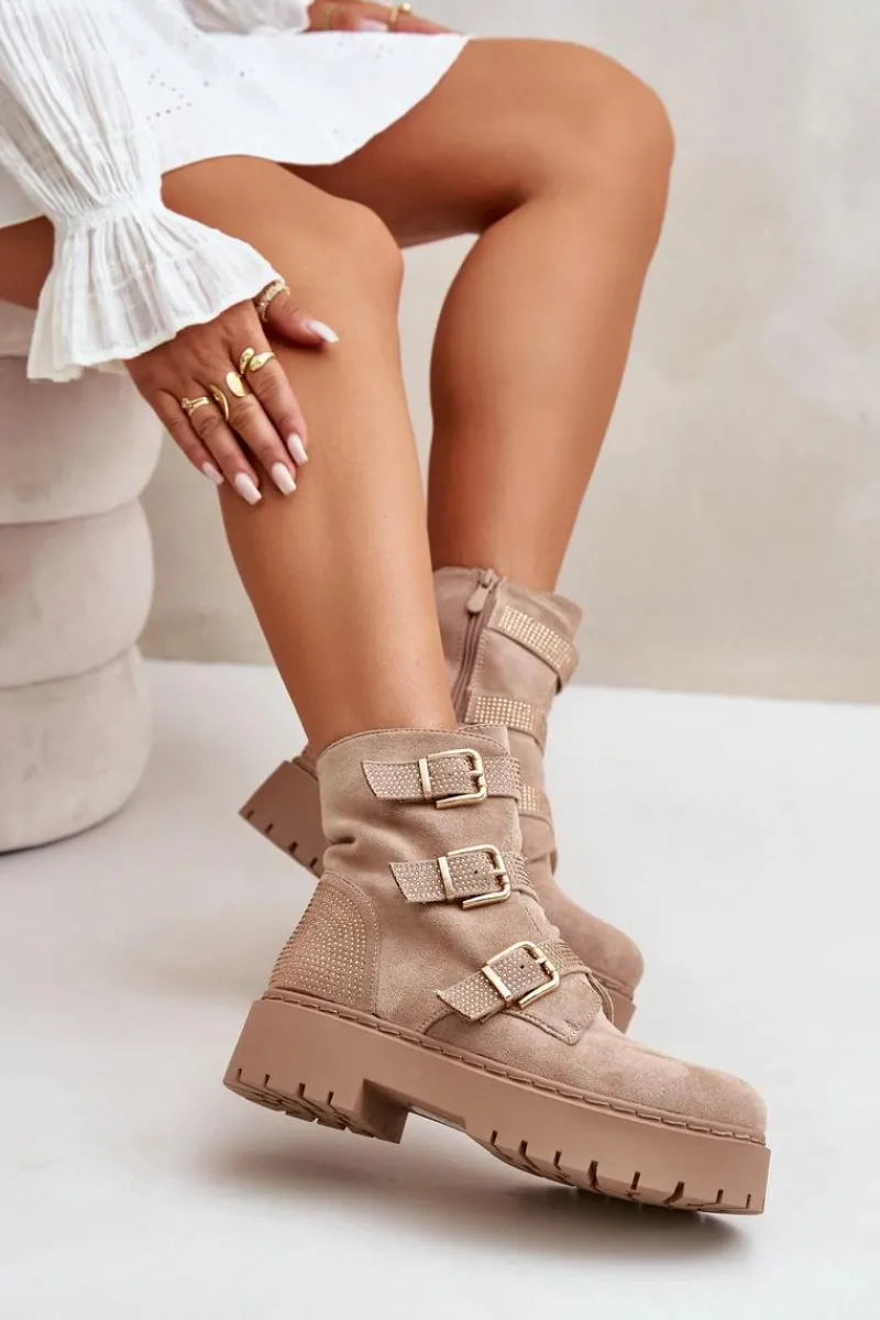 Botki Ocieplane|Botki Płaskie>Boto Ocieplane Botki Damskie Z Klamrami Beżowe Tiaeliana