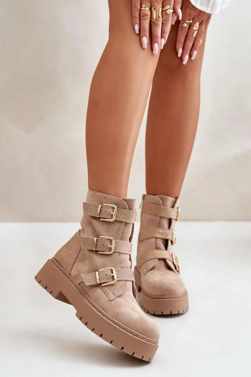 Botki Ocieplane|Botki Płaskie>Boto Ocieplane Botki Damskie Z Klamrami Beżowe Tiaeliana