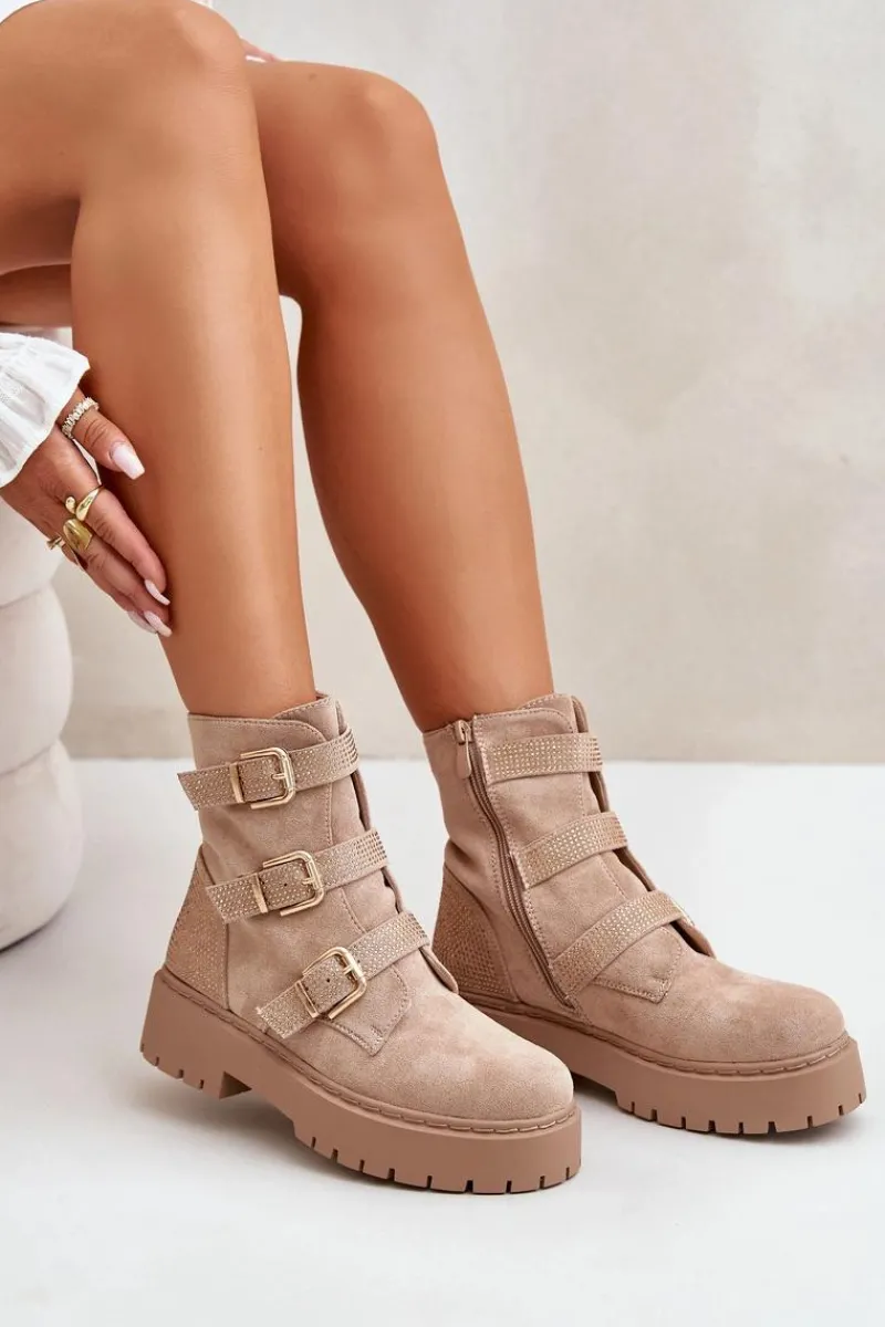 Botki Ocieplane|Botki Płaskie>Boto Ocieplane Botki Damskie Z Klamrami Beżowe Tiaeliana