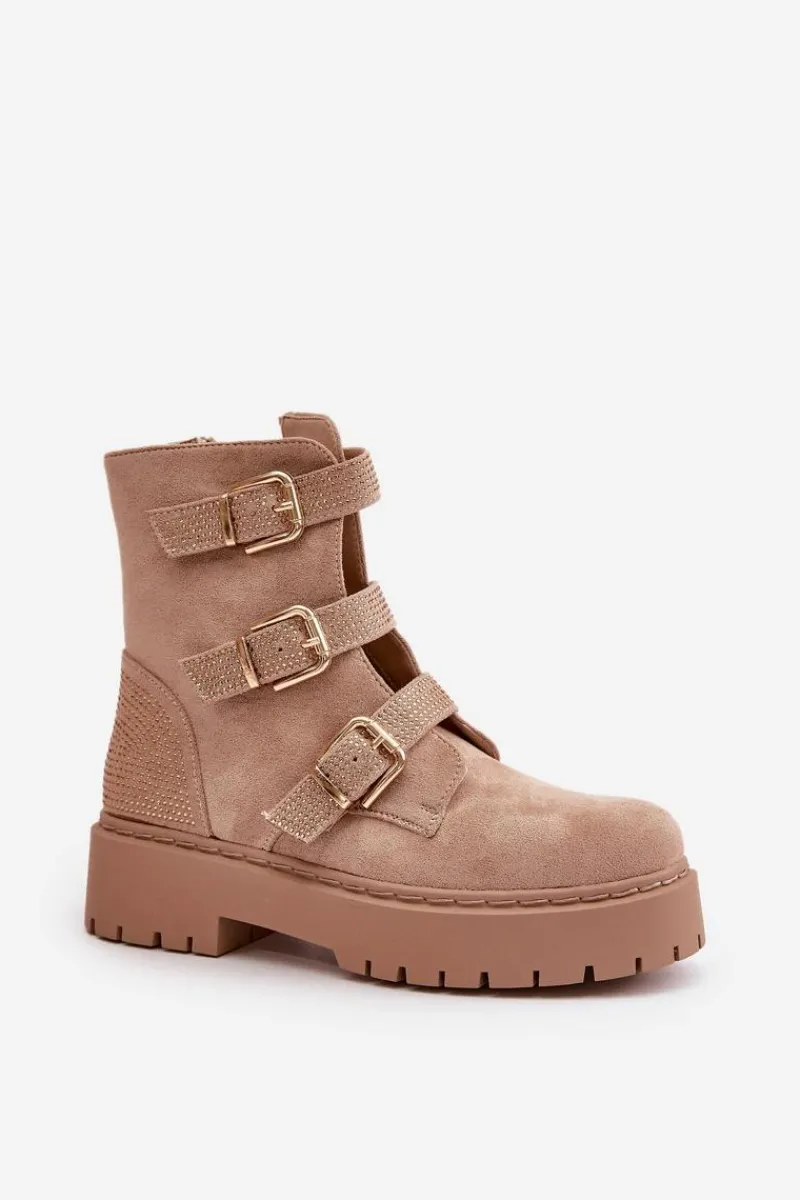 Botki Ocieplane|Botki Płaskie>Boto Ocieplane Botki Damskie Z Klamrami Beżowe Tiaeliana