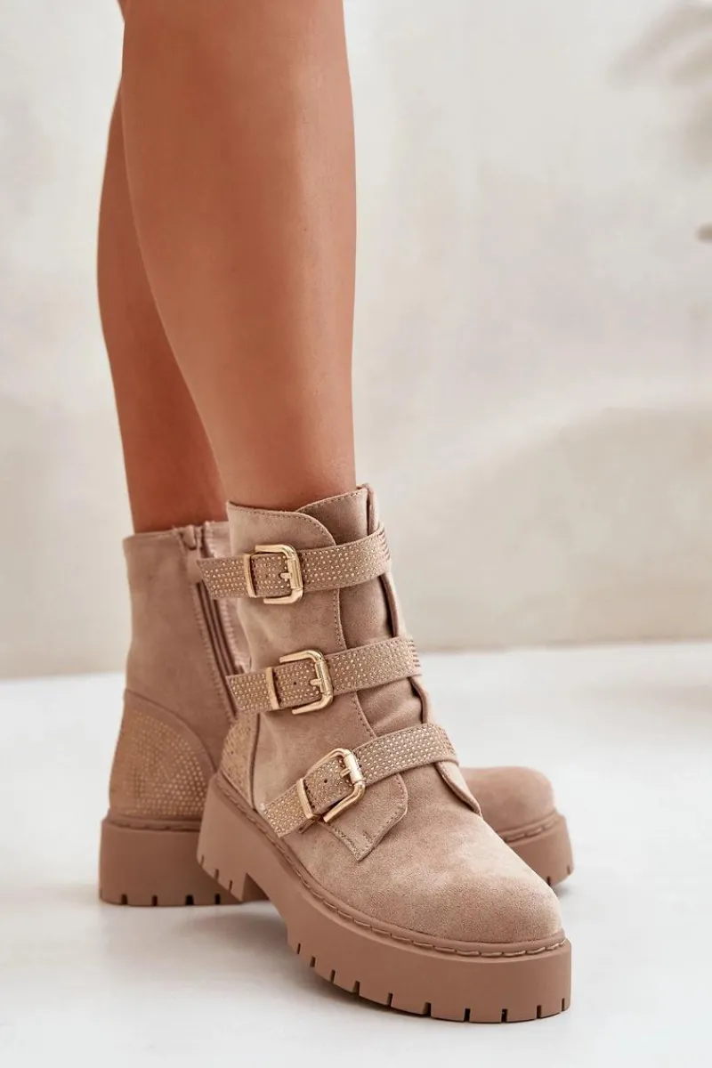 Botki Ocieplane|Botki Płaskie>Boto Ocieplane Botki Damskie Z Klamrami Beżowe Tiaeliana
