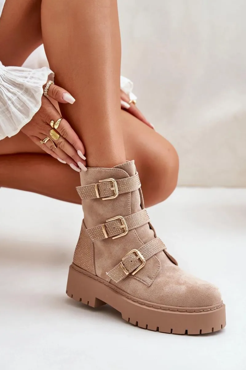 Botki Ocieplane|Botki Płaskie>Boto Ocieplane Botki Damskie Z Klamrami Beżowe Tiaeliana