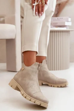 Botki Płaskie>Boto Ocieplane Botki Damskie Z Przetarciami Eko Skórzane Złote Verietta