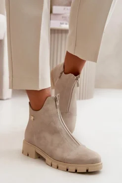 Botki Płaskie>Boto Ocieplane Botki Damskie Z Przetarciami Eko Skórzane Złote Verietta