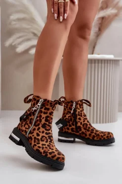 Ocieplane Botki Damskie Z Suwakiem Panterka Brązowe Calvaro Damskie Botki Zimowe Damskie|Botki Płaskie