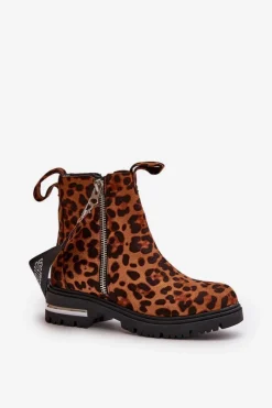 Ocieplane Botki Damskie Z Suwakiem Panterka Brązowe Calvaro Damskie Botki Zimowe Damskie|Botki Płaskie