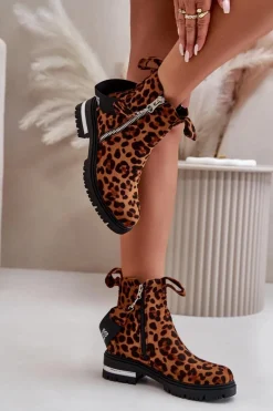 Ocieplane Botki Damskie Z Suwakiem Panterka Brązowe Calvaro Damskie Botki Zimowe Damskie|Botki Płaskie