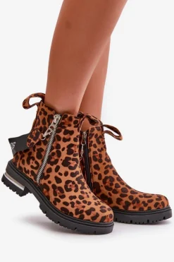 Ocieplane Botki Damskie Z Suwakiem Panterka Brązowe Calvaro Damskie Botki Zimowe Damskie|Botki Płaskie