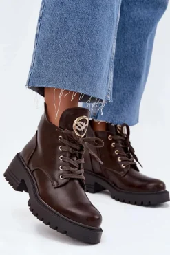 Botki Ocieplane|Botki Sznurowane>Boto Ocieplane Botki Damskie Ze Złotym Detalem Czekoladowe Kavirae