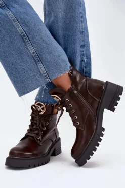 Botki Ocieplane|Botki Sznurowane>Boto Ocieplane Botki Damskie Ze Złotym Detalem Czekoladowe Kavirae