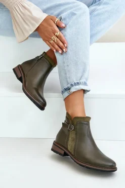 Best Boto Ocieplane Botki Damskie Z Niską Cholewką Na Zamek Eko Skórzane Ciemnozielone Taitha