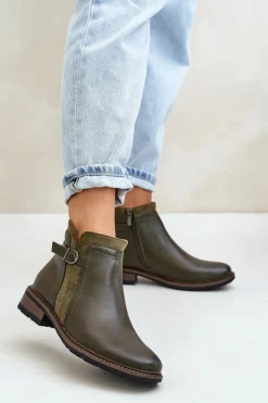 Best Boto Ocieplane Botki Damskie Z Niską Cholewką Na Zamek Eko Skórzane Ciemnozielone Taitha