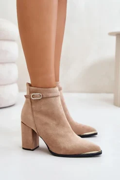 Best Boto Ocieplane Botki Damskie Z Noskami W Szpic Na Słupku Beżowe Laoreina