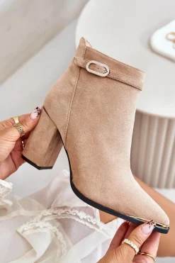 Best Boto Ocieplane Botki Damskie Z Noskami W Szpic Na Słupku Beżowe Laoreina