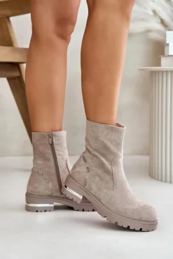New Ocieplane Botki Damskie Z Eko Zamszu Na Zamek Beżowe Narilie Damskie Botki Wiosenne|Botki Płaskie