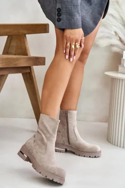 New Ocieplane Botki Damskie Z Eko Zamszu Na Zamek Beżowe Narilie Damskie Botki Wiosenne|Botki Płaskie
