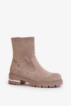 New Ocieplane Botki Damskie Z Eko Zamszu Na Zamek Beżowe Narilie Damskie Botki Wiosenne|Botki Płaskie