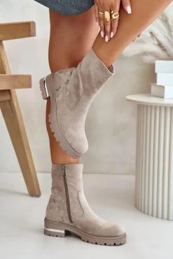 New Ocieplane Botki Damskie Z Eko Zamszu Na Zamek Beżowe Narilie Damskie Botki Wiosenne|Botki Płaskie