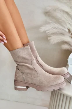 New Ocieplane Botki Damskie Z Eko Zamszu Na Zamek Beżowe Narilie Damskie Botki Wiosenne|Botki Płaskie