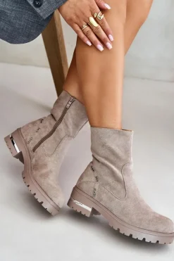 New Ocieplane Botki Damskie Z Eko Zamszu Na Zamek Beżowe Narilie Damskie Botki Wiosenne|Botki Płaskie