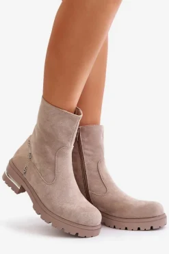 New Ocieplane Botki Damskie Z Eko Zamszu Na Zamek Beżowe Narilie Damskie Botki Wiosenne|Botki Płaskie