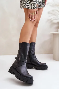 Discount Laura Messi Ocieplane Botki Damskie Ze Skóry Naturalnej 2859 Czarne