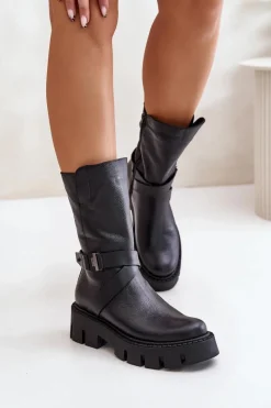 Discount Laura Messi Ocieplane Botki Damskie Ze Skóry Naturalnej 2859 Czarne