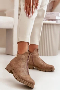 New Ocieplane Botki Damskie Z Przetarciami Eko Skórzane Brązowo-Złote Verietta Damskie Botki Ocieplane|Botki Płaskie
