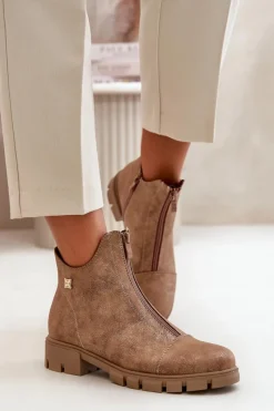 New Ocieplane Botki Damskie Z Przetarciami Eko Skórzane Brązowo-Złote Verietta Damskie Botki Ocieplane|Botki Płaskie