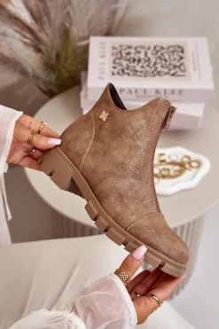 New Ocieplane Botki Damskie Z Przetarciami Eko Skórzane Brązowo-Złote Verietta Damskie Botki Ocieplane|Botki Płaskie