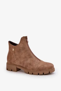 New Ocieplane Botki Damskie Z Przetarciami Eko Skórzane Brązowo-Złote Verietta Damskie Botki Ocieplane|Botki Płaskie