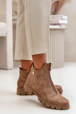 New Ocieplane Botki Damskie Z Przetarciami Eko Skórzane Brązowo-Złote Verietta Damskie Botki Ocieplane|Botki Płaskie