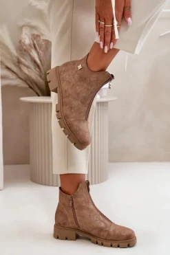 New Ocieplane Botki Damskie Z Przetarciami Eko Skórzane Brązowo-Złote Verietta Damskie Botki Ocieplane|Botki Płaskie