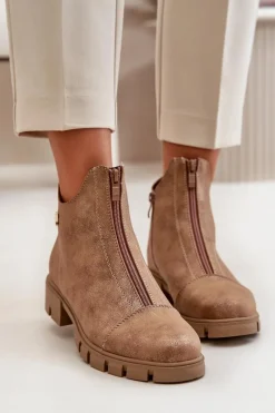 New Ocieplane Botki Damskie Z Przetarciami Eko Skórzane Brązowo-Złote Verietta Damskie Botki Ocieplane|Botki Płaskie