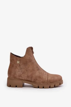 New Ocieplane Botki Damskie Z Przetarciami Eko Skórzane Brązowo-Złote Verietta Damskie Botki Ocieplane|Botki Płaskie