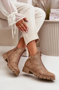 New Ocieplane Botki Damskie Z Przetarciami Eko Skórzane Brązowo-Złote Verietta Damskie Botki Ocieplane|Botki Płaskie