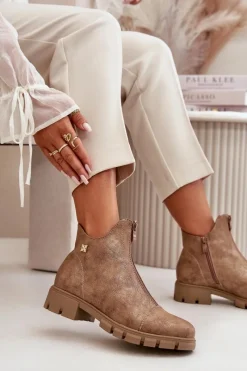 New Ocieplane Botki Damskie Z Przetarciami Eko Skórzane Brązowo-Złote Verietta Damskie Botki Ocieplane|Botki Płaskie
