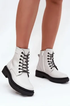 Online Ocieplane Botki Damskie Z Naturalnej Skóry Sergio Leone BT25248-S Białe Damskie Botki Ocieplane|Botki Skórzane
